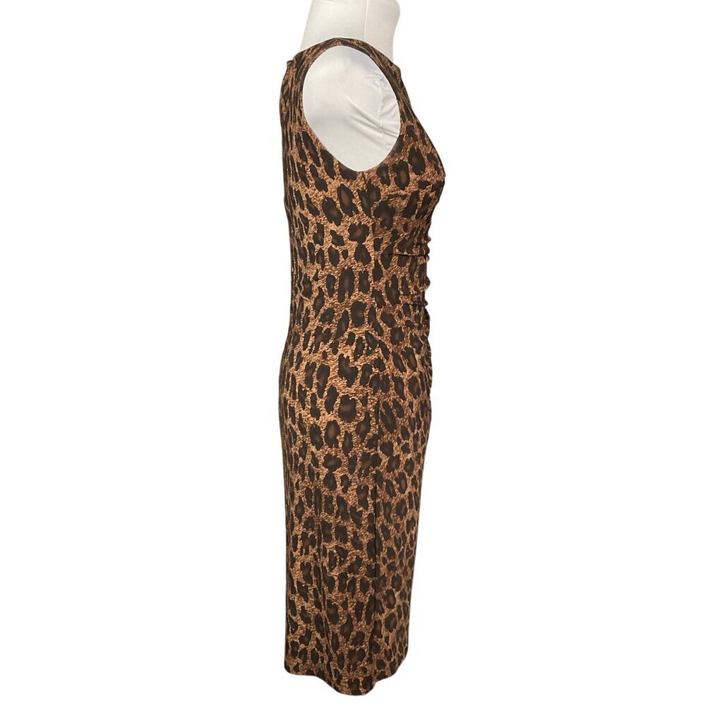 LAUREN RALPH LAUREN Dress Stretch Jersey Animal Print Ruched Surplice Brown sz 2 - Picture 7 of 13